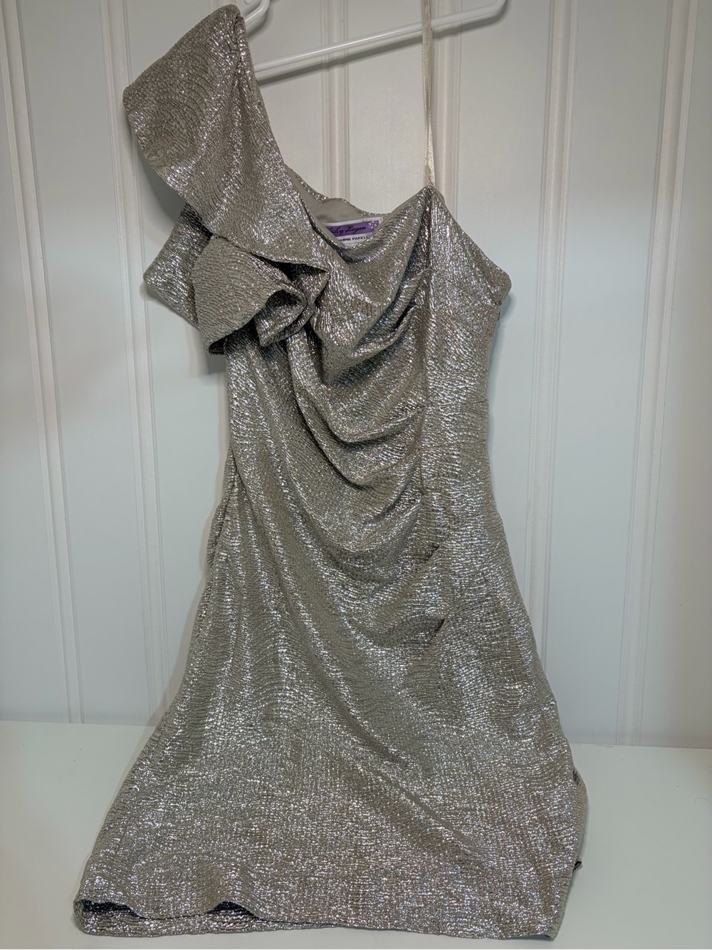 Adrianna Papell Silver One-Shoulder Ruffle Cocktail Dress